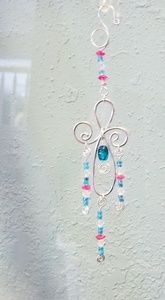 Silver Wire with Blue & Pink Beaded Twisted Wire Cross Suncatcher